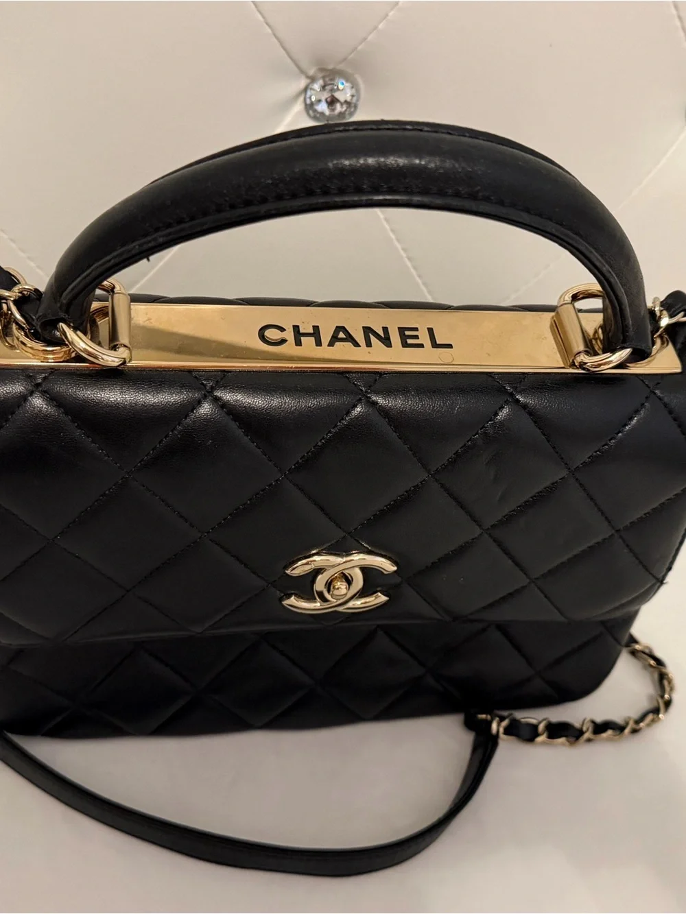 CHANEL Black Quilted Leather Top Handle Satchel with Gold Hardware
